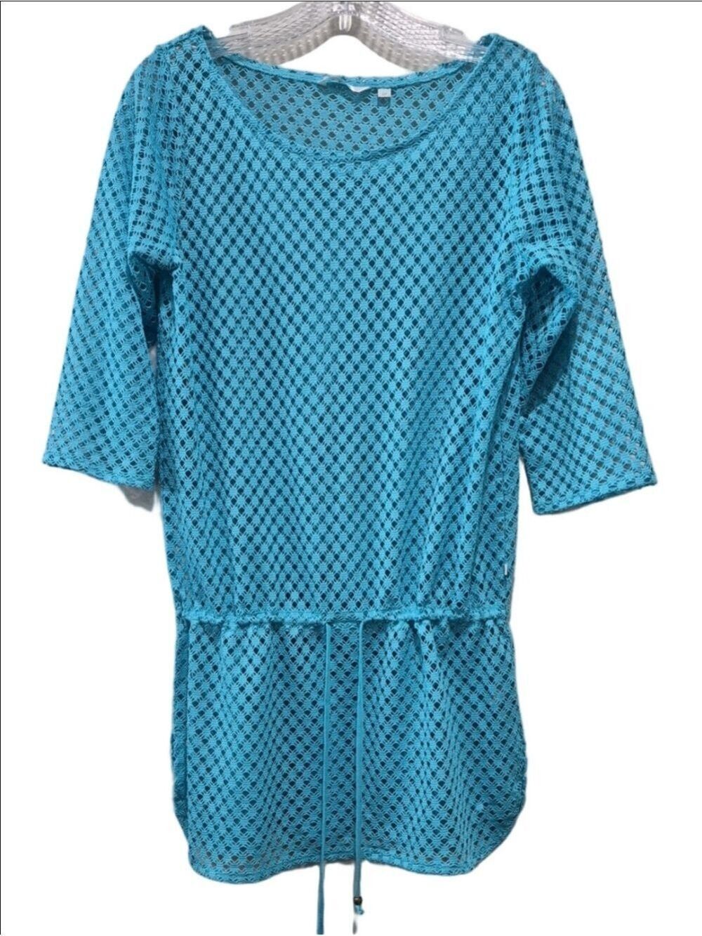 Aqua Blue Crochet Knit Tunic Top - 3/4 Sleeve Drawstring Waist Cover-up